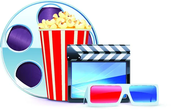 Vector Illustration Cinema Background Glasses Popcorn Clapperboard Film Reel — Stock Vector