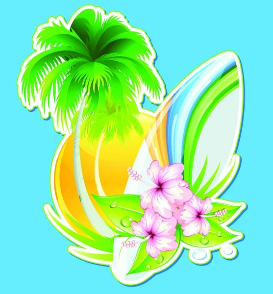 Ilustração Vetorial Insígnias Verão Funky Com Palmeira Flores Hibisco Prancha — Vetor de Stock