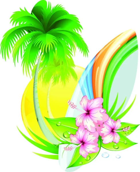 Ilustração Vetorial Insígnias Verão Funky Com Palmeira Flores Hibisco Prancha — Vetor de Stock