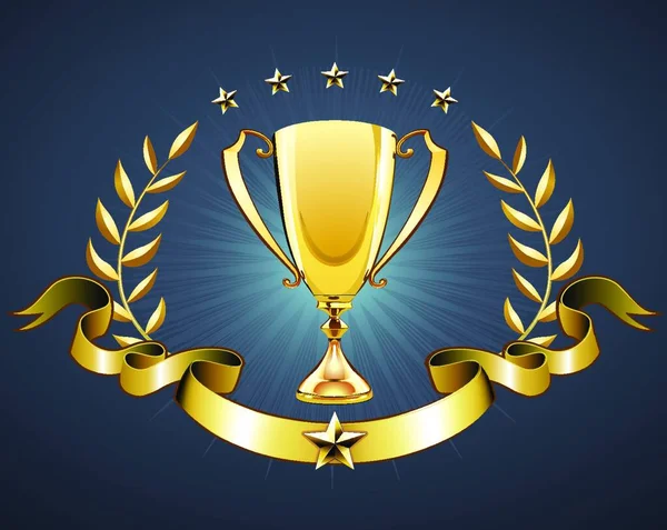 Vectorillustratie Van Gouden Trofee Met Laurier Krans Lint Badge Zetten — Stockvector