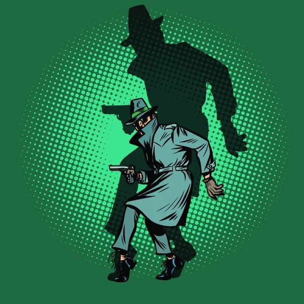Shadow Noir Detective Spy Man Gun Pose Comic Cartoon Pop — Stock Vector