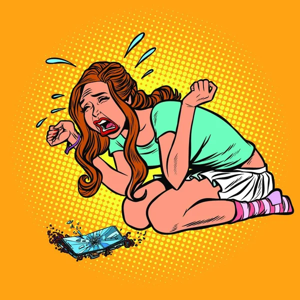 Σπασμένο Τηλέφωνο Γυναίκα Κλαίει Υστερική Πανικός Άγχος Κόμικς Καρτούν Pop — Διανυσματικό Αρχείο
