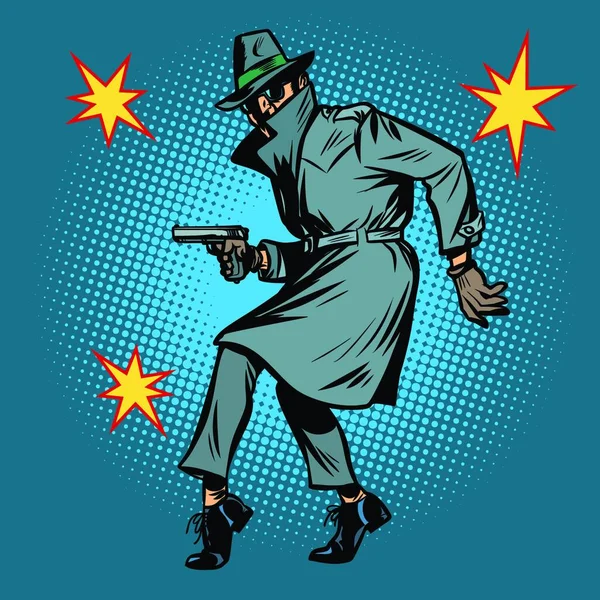 Detective Spionage Man Met Pistool Pose Striptekenfilm Pop Kunst Retro — Stockvector