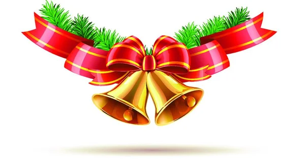 Ilustração Vetorial Sinos Natal Dourados Brilhantes Decorados Com Arco Vermelho — Vetor de Stock