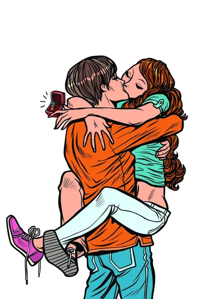 Vigselring För Frieri Par Kärlek Kramar Passionerad Kyss Man Som — Stock vektor