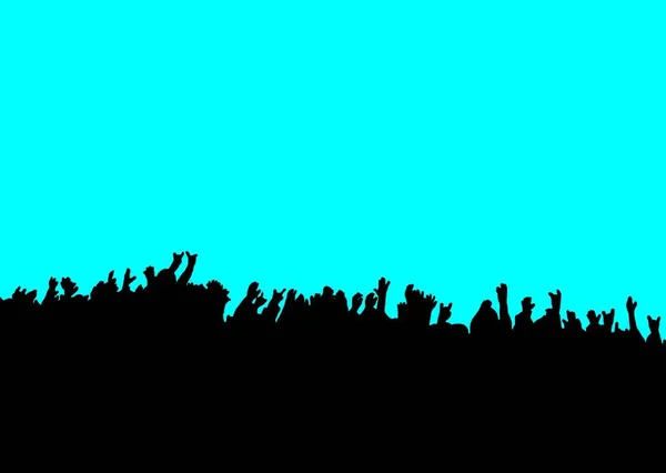 Silhouette Nera Mani Folla Concerto Con Sfondo Blu — Vettoriale Stock