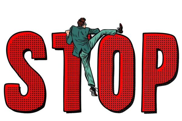 Homme Affaires Grimpe Sur Mot Stop Pop Art Rétro Vectoriel — Image vectorielle