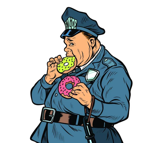 Polícia Come Donut Isolar Fundo Branco Pop Arte Retro Vetor —  Vetores de Stock