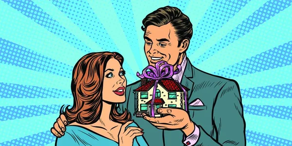 Manžel Manželka Dům Jako Dárek Nemovitosti Nájem Pop Art Retro — Stockový vektor