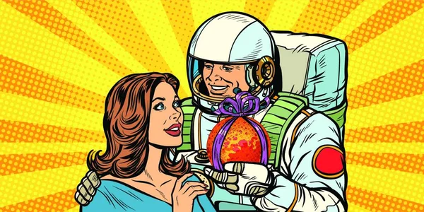 Pár Zamilovanej Astronaut Dává Ženě Mars Pop Art Retro Vektor — Stockový vektor