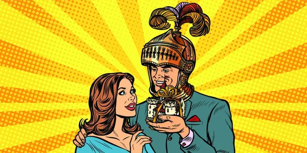 Man Knight Geeft Een Vrouw Een Kasteel Pop Art Retro — Stockvector