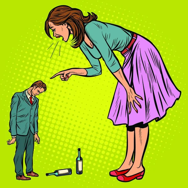 Wife Scolding Drunk Husband Alcoholism Pop Art Retro Vector Illustration — Stock Vector