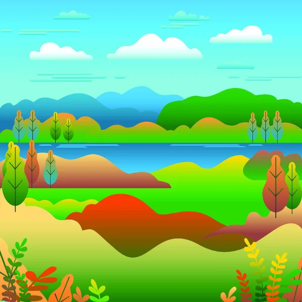 フラットなスタイルのデザインでヒルズの風景 湖の背景と谷 美しい緑のフィールド 牧草地 山と青空 漫画のベクトルの農村部の場所 — ストックベクタ