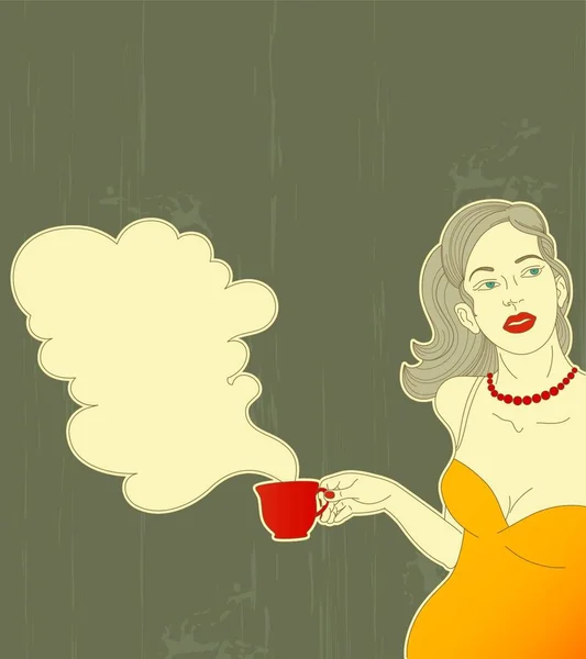 Chica Retro Con Taza Café Vapor Rojo Mano — Archivo Imágenes Vectoriales