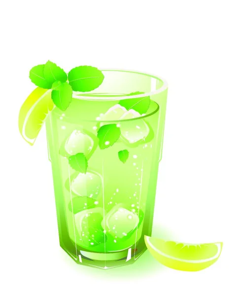 Glas Mit Getränk Zitrone Eis Und Minzblättern Isoliert Auf Weißem — Stockvektor