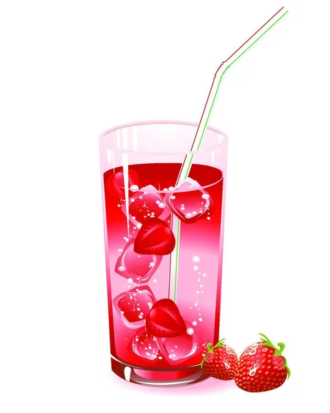 Ποτήρι Ποτό Φράουλα Και Πάγο Που Απομονώνονται Λευκό Φόντο — Διανυσματικό Αρχείο
