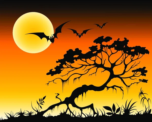 Halloween Hintergrund Mit Fledermäusen Und Silhouette Des Baumes Bei Mondnacht — Stockvektor