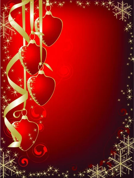 Різдвяний Фон Червоним Серцем Стрічками Сніжинками Прикрасами Червоному Тлі — стоковий вектор
