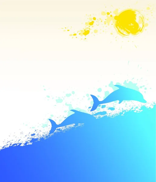有海豚和太阳的夏季海洋背景 — 图库矢量图片