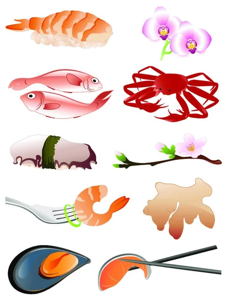 Deniz Ürünleri Diğer Geleneksel Japon Yemek Ikonları — Stok Vektör