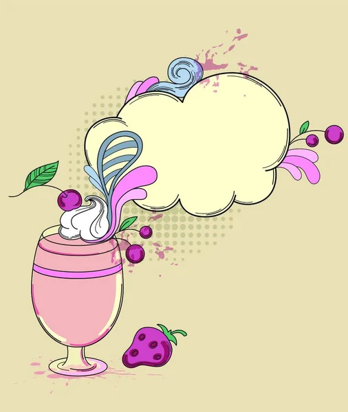 Bebida Retro Vectorial Dibujada Mano Con Fresa Cereza — Vector de stock