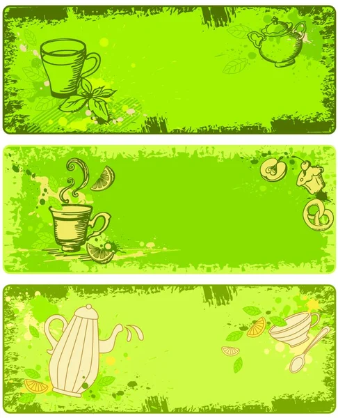 Набор Баннеров Зеленого Чая Гранж Стиле — стоковый вектор