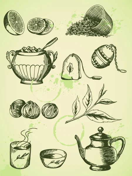 ヴィンテージベクトル手描きお茶のアイコンのセット — ストックベクタ