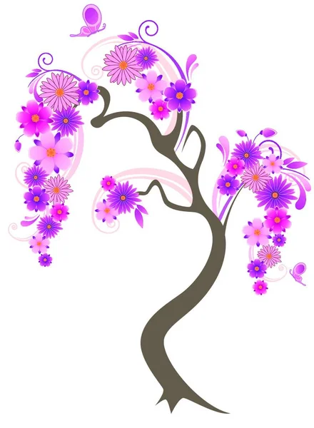 Квітуче Дерево Метелики Білому Тлі — стоковий вектор