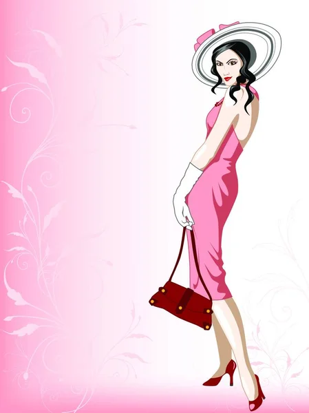 Žena Klobouku Růžovém Pozadí Dekorativním Vzorem — Stockový vektor