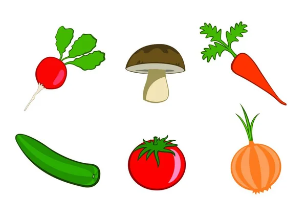 Векторні Ілюстрації Смішних Милих Овочевих Значків Включає Редьку Гриб Моркву — стоковий вектор