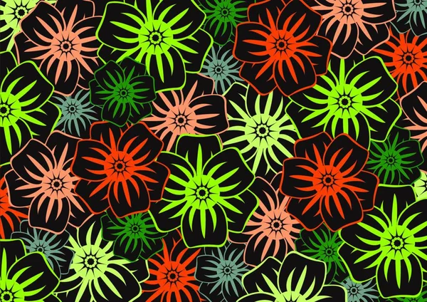 Vektor Illustration Des Flippigen Blumenmusters Auf Dem Schwarzen Hintergrund — Stockvektor