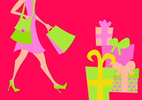 Illustration Vectorielle Shopping Girl Comprend Des Sacs Provisions Des Boîtes — Image vectorielle