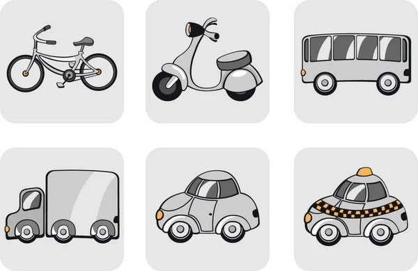 Illustrazione Vettoriale Delle Icone Dei Trasporti Comprende Bicicletta Minibike Autobus — Vettoriale Stock