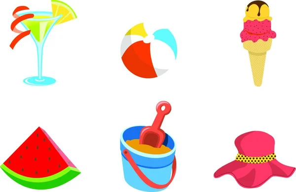 矢量插画的夏季图标 包括鸡尾酒 冰激淋 西瓜和砂斗 — 图库矢量图片