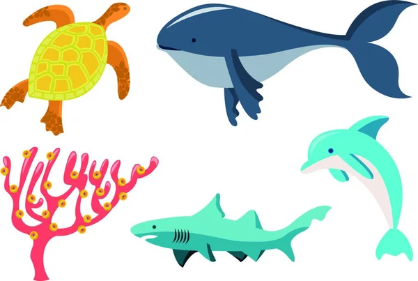 Ilustración Vectorial Divertidos Iconos Animales Marinos Nuestros Amigos Acuáticos Que — Vector de stock