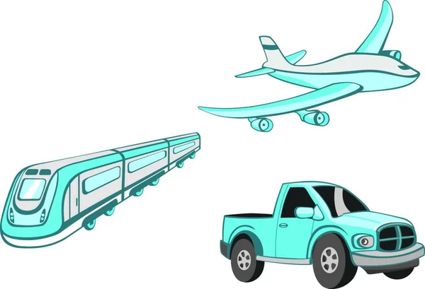 Illustrazione Vettoriale Transport Cartoon Set Divertenti Blu Auto Treno Aereo — Vettoriale Stock