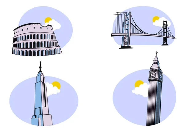 矢量插画的在世界各地旅行的图标 包括体育馆 大本钟和帝国大厦的图标 — 图库矢量图片