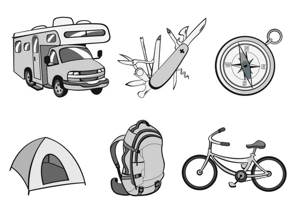 矢量插画的户外露营的图标 包括图标的罗盘 旅行拖车 自行车 — 图库矢量图片