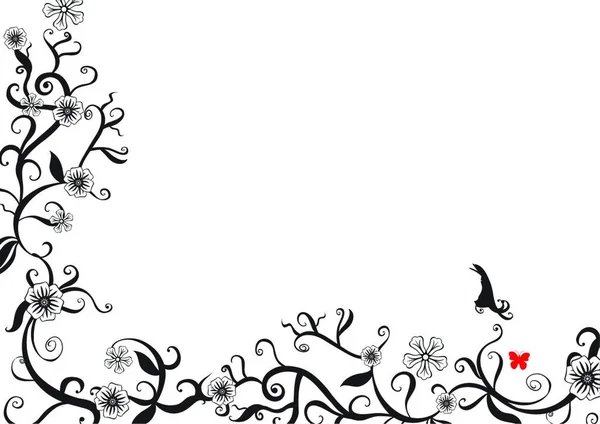 矢量插画的时髦花卉黑色和白色背景 饰红蝴蝶 — 图库矢量图片
