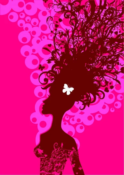 ベクトル イラストのファンキーなクールな花の背景に女性のシルエット — ストックベクタ