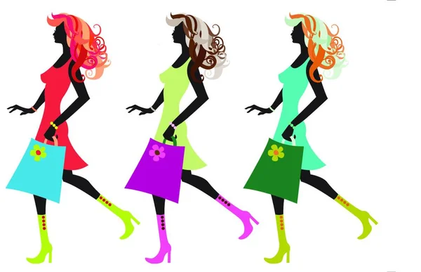 Illustrazione Vettoriale Camminare Giovani Donne Silhouette Durante Shopping — Vettoriale Stock