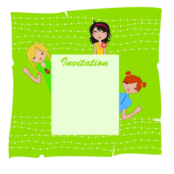 Vector Ilustración Marco Invitación Fresco Con Chicas Jóvenes Funky — Vector de stock