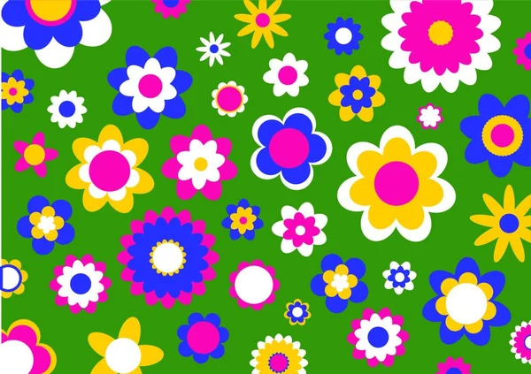 Vektor Illustration Von Mehrfarbigen Funky Blumen Abstrakte Muster Auf Grünem — Stockvektor