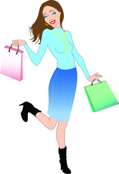 Ilustração Vetorial Mulher Bonita Durante Compras Segurando Sacos — Vetor de Stock