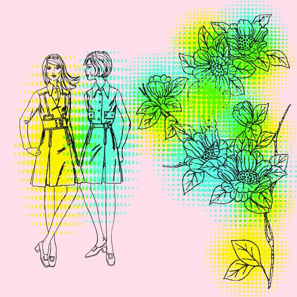 Mode Mädchen Auf Einem Floralen Hintergrund — Stockvektor
