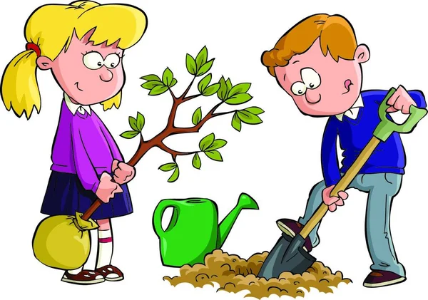 Los Niños Plantaron Una Ilustración Del Vector Del Árbol — Vector de stock