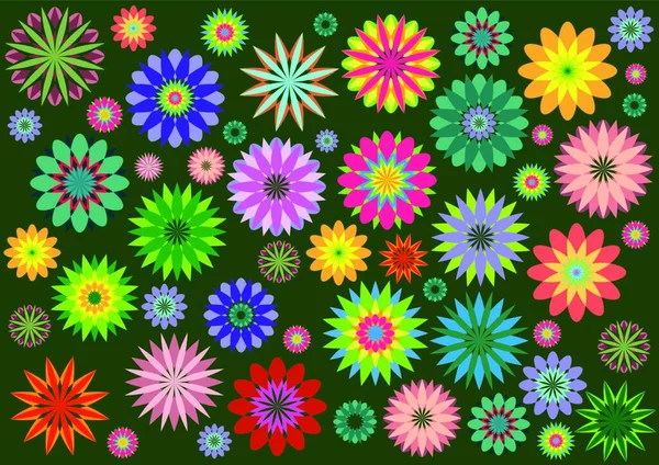 Vektor Illustration Von Mehrfarbigen Funky Blumen Abstrakte Muster Auf Grünem — Stockvektor