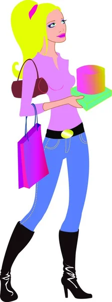 矢量美丽的女人在购物 插图控股的袋子和盒子 — 图库矢量图片
