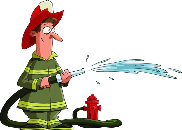 Brandweerman Giet Uit Een Brandslang Vector — Stockvector