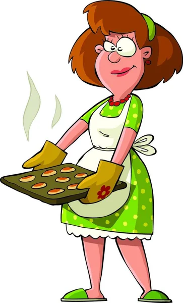 Hausfrau Mit Heißen Kuchen Auf Dem Blech — Stockvektor